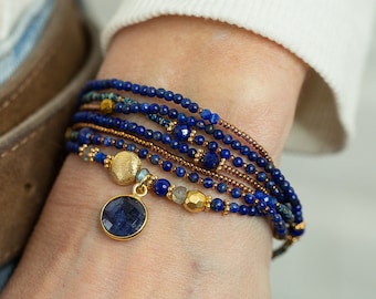 Sapphire Bracelet, SEPTEMBER BIRTHSTONE, Lapis Lazuli, Labradorite, Gold Hematite, Wraps 7 times, Wrap Bracelet