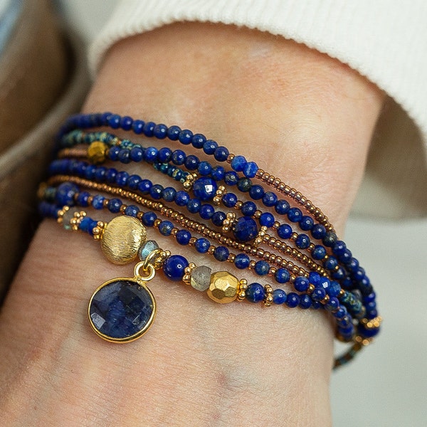 Saffier armband, GEBOORTESTEEN SEPTEMBER, Lapis Lazuli, Labradoriet, Gouden Hematiet, Wraps 7 keer, Wikkelarmband