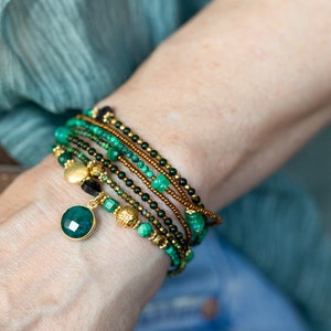Emerald Bracelet, MAY BIRTHSTONE, Malachite, Ruby Zoisite, Green Opals, Gold Hematite, Wraps 7 Times, Wrap Bracelet