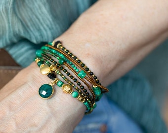 Emerald Bracelet, MAY BIRTHSTONE, Malachite, Ruby Zoisite, Green Opals, Gold Hematite, Wraps 7 Times, Wrap Bracelet