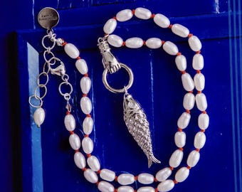 SILVER FISH NECKLACE, Knotted Necklace, Pearl Necklace, Fish Charm Necklace, Charm Necklace