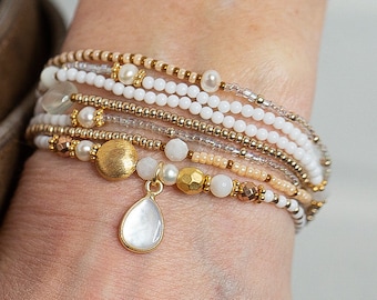 Pearl Bracelet, JUNE BIRTHSTONE, Mother of Pearl, Moonstone, Freshwater Pearls, Hematite, Wraps 7 Times, Wrap Bracelet