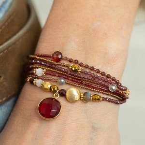 Garnet Bracelet, JANUARY BIRTHSTONE, Garnet, Labradorite, Moonstone, Hematite, Wraps 7 Times, Wrap Bracelet