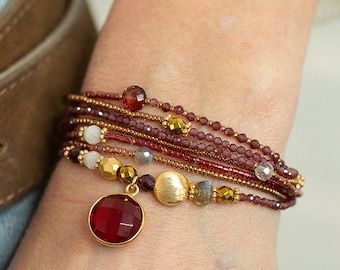 Garnet Bracelet, JANUARY BIRTHSTONE, Garnet, Labradorite, Moonstone, Hematite, Wraps 7 Times, Wrap Bracelet