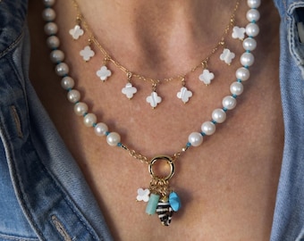 PEARL CLOVER NECKLACE, Clover Charm Necklace, Pearl Necklace, Layering Necklace, Clover Charms