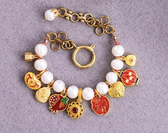 CHARM PEARL BRACELET, Good Luck Charm Bracelet, Hand Knotted Bracelet, Gold Charm Bracelet, Pearl Bracelet
