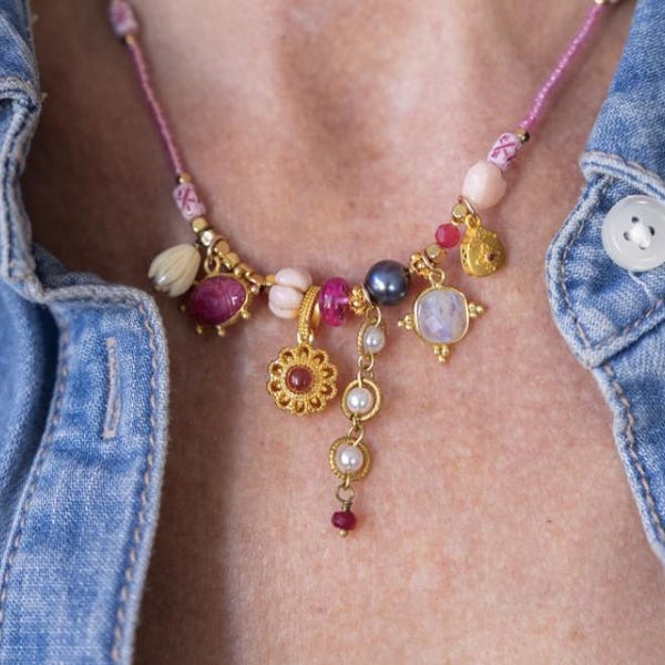 CHARM KETTE, Edelsteinkette, Perlenkette, Rubin, Turmalin