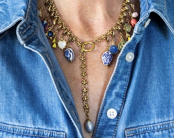 CHARM NECKLACE, Detachable Charms, Vintage Chain necklace, Ceramic Charms, Fourteen Charms, Pearl Necklace