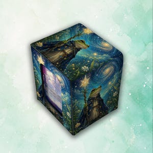 May include: A square box featuring a dark blue, starry night sky background with a green frog wearing a cloak and holding a glowing star-topped staff. The design includes swirling galaxy patterns, white flowers, and golden light accents on all visible sides.