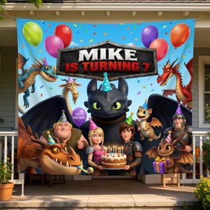 May include: A rectangular birthday banner featuring a blue background with colorful balloons and confetti. The text reads MIKE IS TURNING 7. The design includes various animated dragon characters and human figures wearing party hats, with a birthday cake.