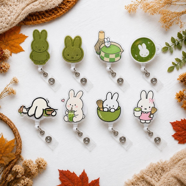 Matcha Bunny Badge Reel, Cute Kawaii Rabbit ID Holder, Acrylic ID Badge Clip, Teacher Nurse Gift, Matcha Lover Accessory