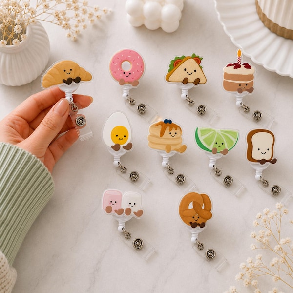 Food Plushie Retractable Badge Reel Collection:  Swappable Topper, ID Holder, Coworker Gift, Name Tag, Lanyard, MRI Safe, Heavy-Duty Options