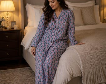 Floral Cotton Pajama Set for Women | Blue Pink Botanical Print Sleepwear (2-Piece)