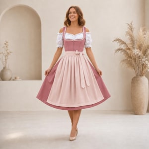 Dusty Rose Dirndl Dress | White Puff Sleeve Blouse | Bavarian Oktoberfest Outfit | German Folk Festival Dress | Midi Wedding Dress | Kleid