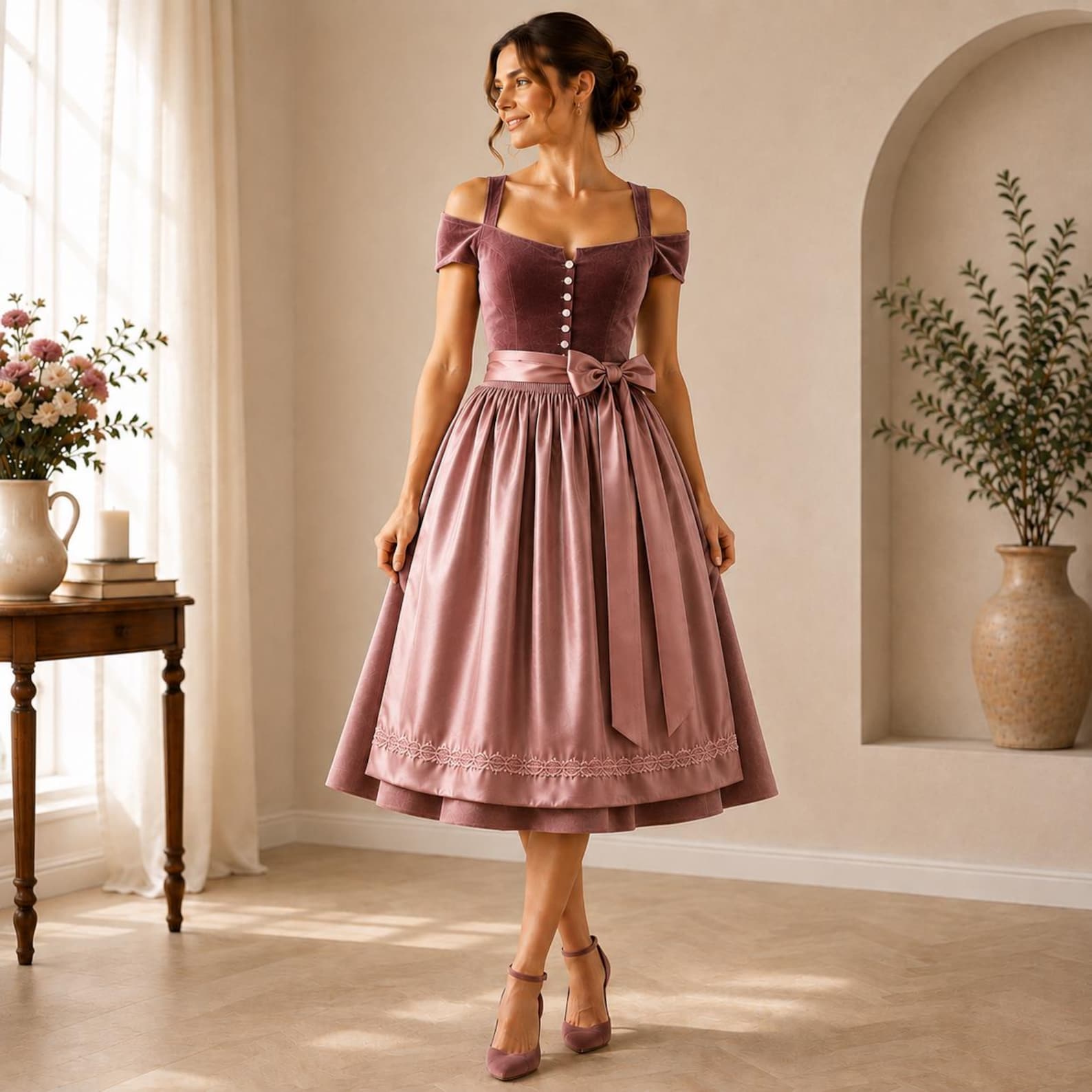 Deep Dusty Rose Off-Shoulder Dirndl Women | Velvet Bodice | Satin Apron | Oktoberfest Outfit | Bavarian Trachten Dress | German Midi Dress