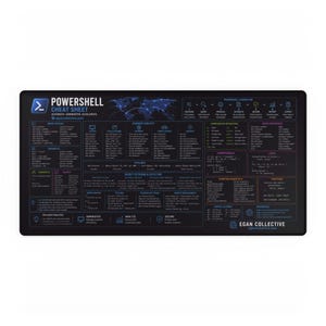 May include: A rectangular black desk mat featuring a PowerShell cheat sheet with blue and white text, diagrams, and technical commands. The design includes sections for variables, common cmdlets, pipelines, and scripting essentials by Egan Collective.