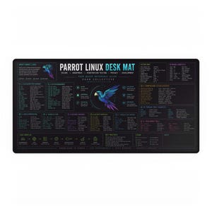 May include: A black rectangular desk mat featuring a Parrot Linux reference guide. The design includes a geometric parrot illustration, various command-line instructions, system information, and keyboard shortcuts printed in white, blue, and purple text.