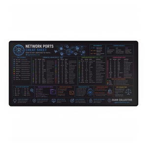 May include: A rectangular black desk mat featuring a detailed Network Ports Cheat Sheet with white and blue text, diagrams, and tables. The design includes port categories, common port numbers, transport protocols, and security information.
