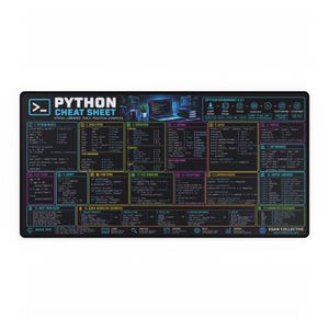 May include: A rectangular black desk mat featuring a comprehensive Python cheat sheet with white and colored text, code snippets, and diagrams covering syntax, data types, operators, loops, functions, and libraries for programming reference.