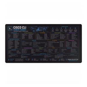 May include: A rectangular black desk mat featuring a Cisco CLI cheat sheet with white and colored text. The design includes sections for basic navigation, interface configuration, routing commands, and common shortcuts, with Egan Collective branding.