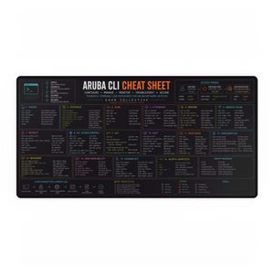 May include: A rectangular black desk mat featuring the Aruba CLI Cheat Sheet with white, orange, and blue text. It displays technical commands for system, interface, VLAN, IP, routing, wireless, security, ACL, NAT, DHCP, monitoring, and configuration.