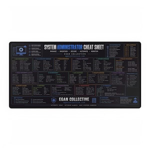 May include: A rectangular black desk mat featuring a white and blue System Administrator Cheat Sheet. The mat displays organized technical commands, system management categories, and keyboard shortcuts with the Egan Collective logo and website.