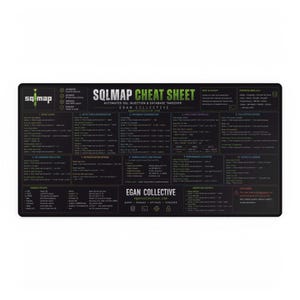 May include: A rectangular black desk mat featuring a white and green SQLMap cheat sheet. The text includes sections on database enumeration, authentication bypass, and file system access, with the Egan Collective logo and website URL printed.