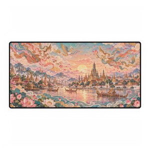 Thai Temple Panorama Extra Large Desk Mat with Celestial Art