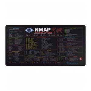 May include: A rectangular black desk mat featuring a detailed Nmap Network Explorer cheat sheet. The design includes white, red, and yellow text detailing Nmap basics, host discovery options, scan types, common commands, port states, and phases.