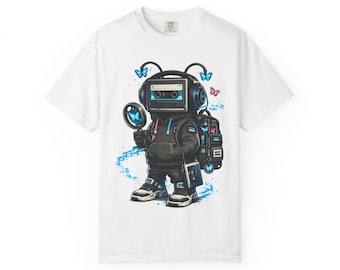 Cassette Robot Character T-shirt | Retro Tape Headphone Streetwear