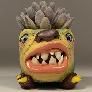 May include: A whimsical, hand-painted ceramic planter shaped like a monster face, with a succulent plant sprouting from the top. The planter features a yellow face, large teeth, and brown feet. The text "The Art of Lucky Stradley" is at the bottom.