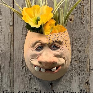 May include: A whimsical, wall-mounted planter shaped like a smiling face with blue eyes and large teeth. The planter is filled with yellow flowers and green grass-like foliage. The text "The Art of Lucky Stradley" is at the bottom.