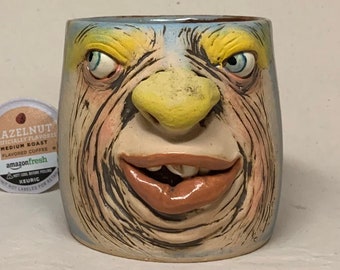Medium CERAMIC MUG - Ready to ship -  wheel thrown, hand altered and sculpted. Just a friendly face to enjoy your morning beverage with.
