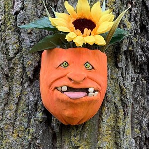 May include: A ceramic pumpkin planter with a smiling face and green eyes. The planter is decorated with a sunflower and green leaves.