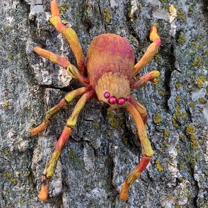 May include: A handcrafted, colorful spider sculpture with a textured body and long legs, attached to tree bark. The spider features shades of orange, yellow, and red, with pink eyes. The text "The Art of Lucky Stradley" is at the bottom.
