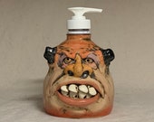 LOTION PUMP -Ready to ship wheel thrown, hand altered and sculpted ceramic lotion pump or soap dispenser. A happy face to brighten your day.