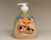 LOTION PUMP - wheel thrown, hand altered and sculpted ceramic lotion pump or soap dispenser. A friendly face to brighten up your day.