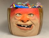 XXL BOWL Wheel thrown, hand altered & sculpted. A friendly happy face to hold large amounts of candy or chips.