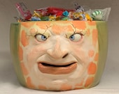 Extra Extra Large BOWL - Ready to ship - Wheel thrown, hand altered & sculpted. A friendly face to hold large amounts of candy or snacks.