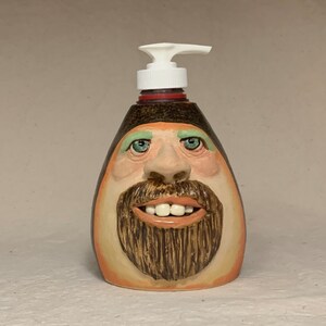 LOTION PUMP Ready to ship wheel thrown, hand altered and sculpted ceramic lotion pump or soap dispenser. A happy face to brighten your day. image 1