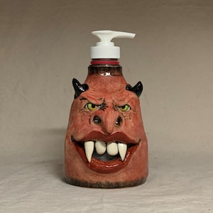 LOTION PUMP wheel thrown, hand altered and sculpted ceramic lotion pump or soap dispenser. A friendly face to brighten up your day. image 1