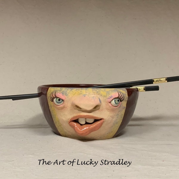 Medium ceramic noodle bowl - Wheel thrown, hand altered & sculpted. Just a friendly face to hold soup, ice cream, cereal, favorite candy.