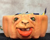 Small PUMPKIN BOWL - Wheel thrown, hand altered & sculpted. Just a friendly face to hold soup, ice cream, cereal, favorite candy.