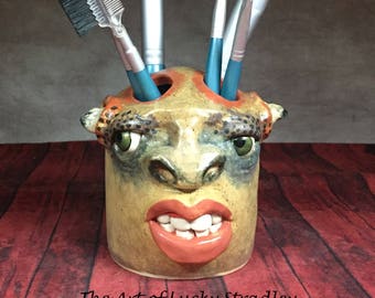TOOTHBRUSH/NEEDLE HOLDER -Ready to ship- Wheel thrown, hand altered and sculpted holder for your toothbrushes or crafting supplies. How cool