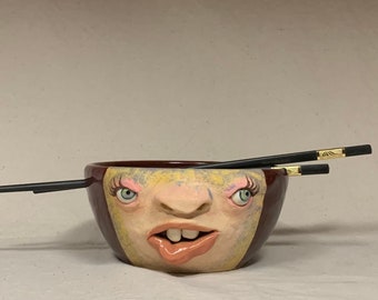 Medium ceramic noodle bowl - Wheel thrown, hand altered & sculpted. Just a friendly face to hold soup, ice cream, cereal, favorite candy.