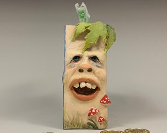 Shelf Friend - Ready to ship - slab built, hand altered and sculpted. Just a friendly face to sit on your book shelf and make you smile.