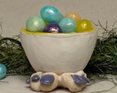 Egg Holder Cup- Ready to ship -slab built, hand altered and sculpted. A friendly and colorful holder for  your hard boiled egg at breakfast.