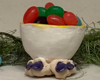 Egg Holder Cup- Ready to ship -slab built, hand altered and sculpted. A friendly and colorful holder for  your hard boiled egg at breakfast.