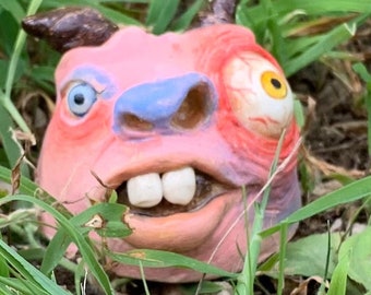 Garden Guardian - Ready to ship slab built, hand altered & sculpted.  A friendly face to guard your garden, potted plants or hide your keys