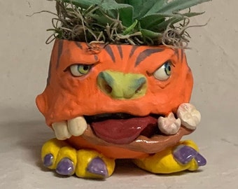 Really Small Monster Pot planter - wheel thrown, hand sculpted. Just a friendly face to hold small plants, or just to make you smile.